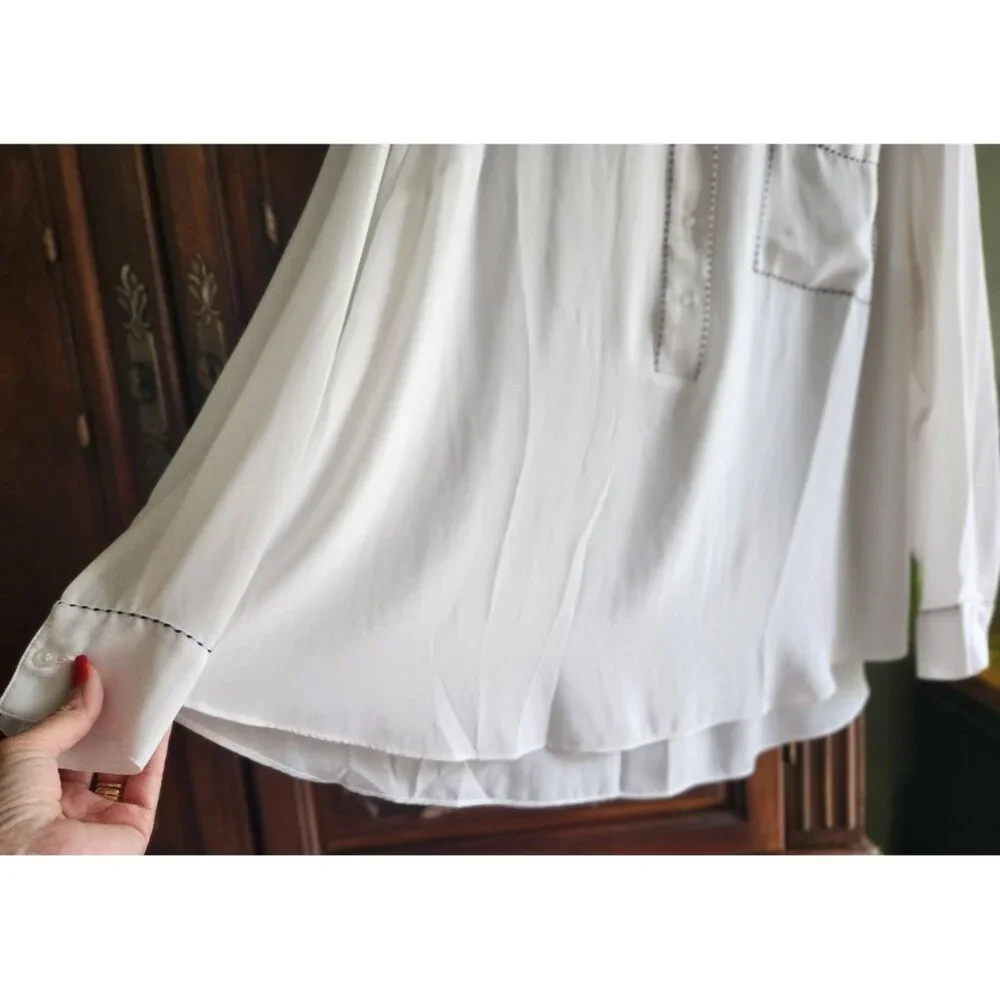 Lane Bryant Lng Slv Chiffon Blouse Pocket White w/ Black Whip Stitching Sz 18/20 - Picture 6 of 12